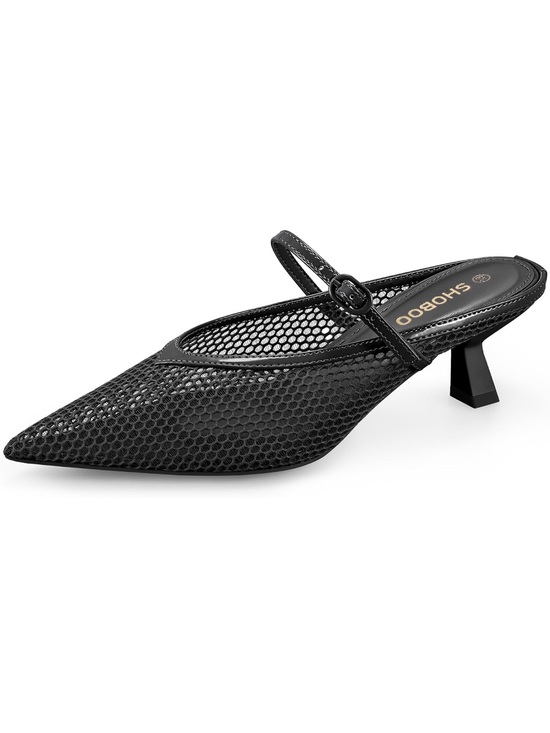 Shoes - Women's Black Mesh Pointed Toe Kitten Heels with Adjustable Strap